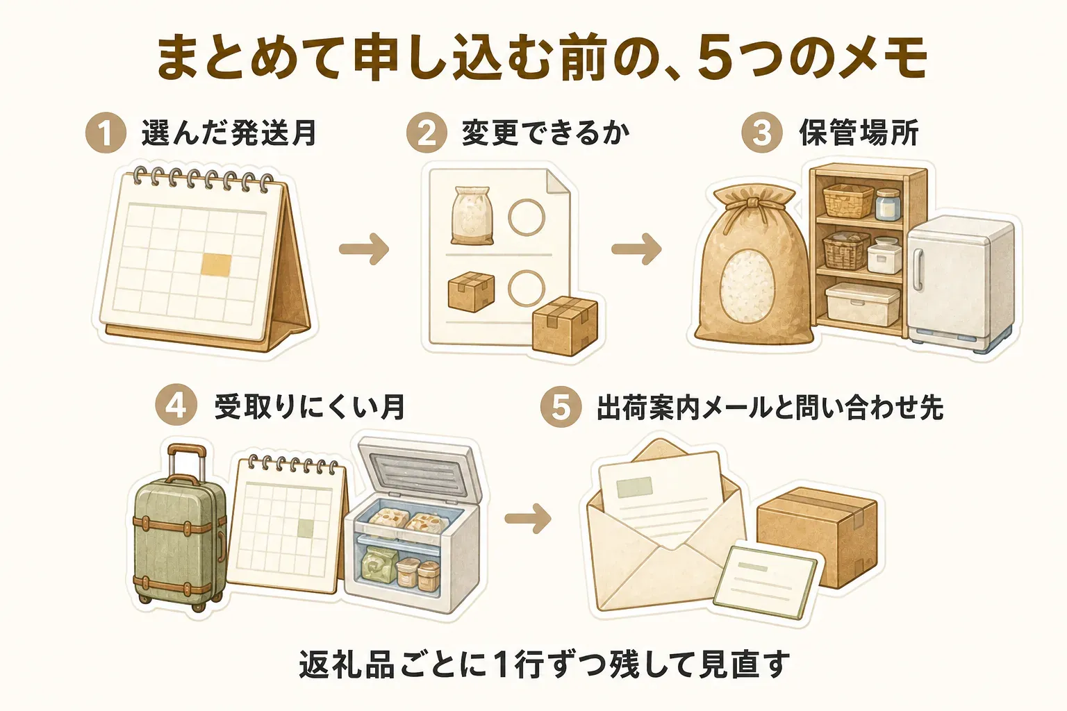 まとめて申し込む前に返礼品ごとに残す5つのメモを示した図。選んだ発送月、変更できるか、保管場所、受取りにくい月、出荷案内メールと問い合わせ先を1行ずつ記録して見直す。