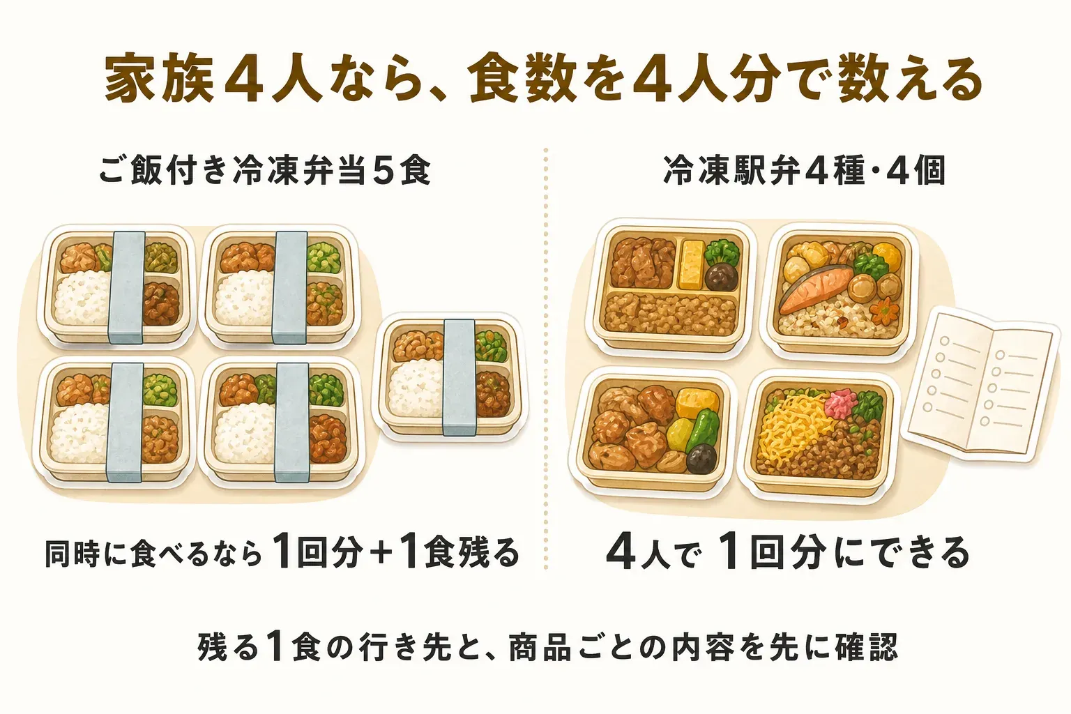 家族4人で冷凍弁当の食数を数える図。ご飯付き冷凍弁当5食は同時に食べるなら1回分と1食が残り、冷凍駅弁4種・4個は4人で1回分にできることを示す。残る1食の行き先と、商品ごとの内容を先に確認するよう案内している