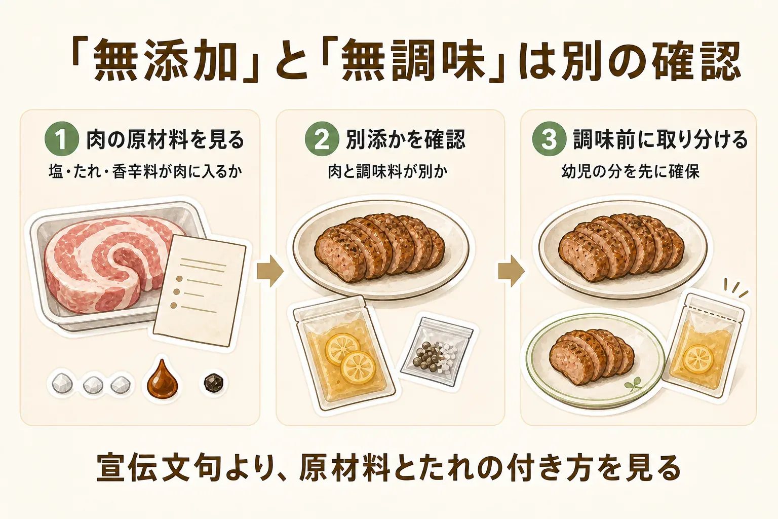「無添加」と「無調味」は別に確認することを示す図。1は肉の原材料で塩・たれ・香辛料が肉に入るかを見る、2は肉と調味料が別添かを確認する、3は幼児の分を調味前に先に確保する流れで、宣伝文句より原材料とたれの付き方を見ると説明している
