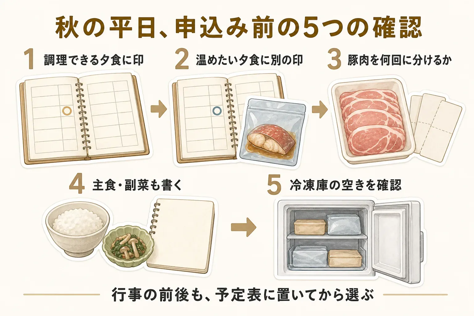 秋の平日にふるさと納税を申し込む前の5つの確認を示す図。1は調理できる夕食に印を付ける、2は温めたい夕食に別の印を付ける、3は豚肉を何回に分けるか決める、4は主食・副菜も書く、5は冷凍庫の空きを確認する。行事の前後も予定表に置いてから選ぶ流れを描いている