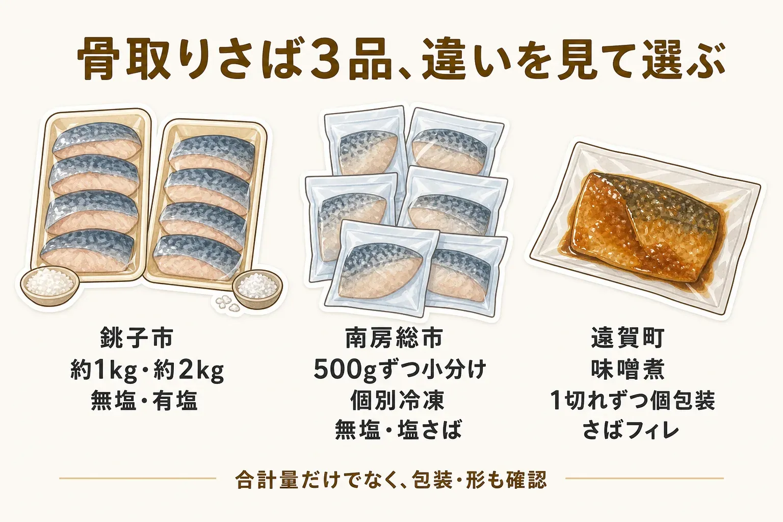 骨取りさば3品の違いを比較する図。銚子市は約1kg・約2kgで無塩・有塩、南房総市は500gずつの小分けで個別冷凍かつ無塩・塩さば、遠賀町は味噌煮を1切れずつ個包装したさばフィレで、合計量だけでなく包装と形も確認することを示している