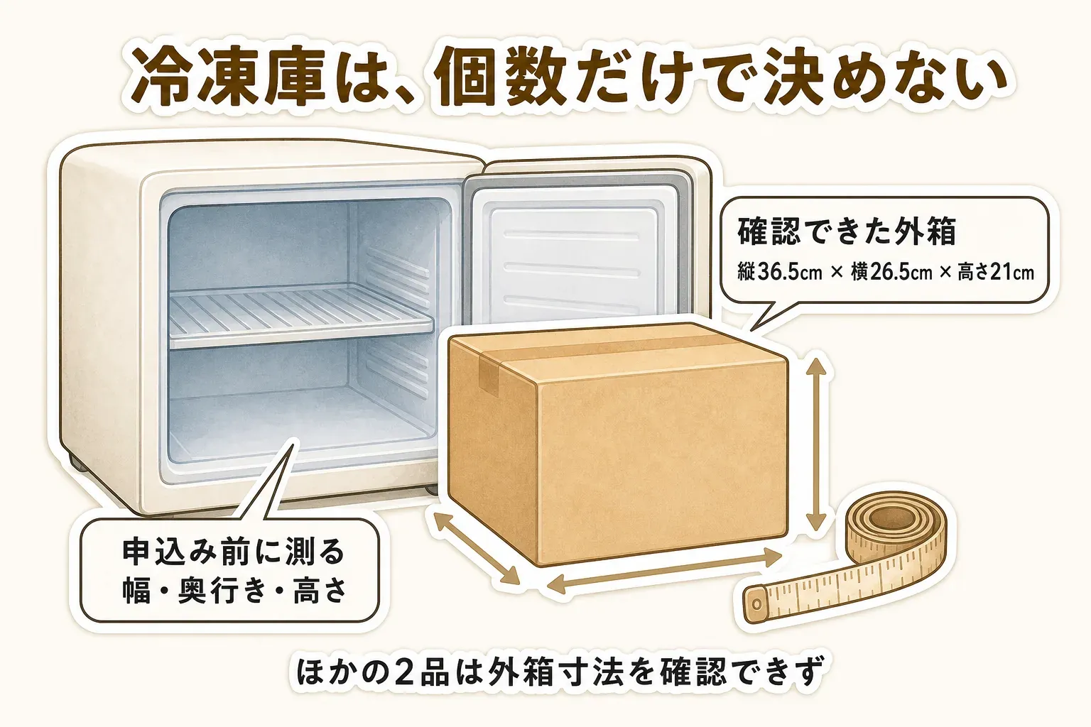 冷凍パンを申し込む前に、冷凍庫の棚一段分の幅・奥行き・高さを測り、返礼品の外箱寸法と比べることを示した図。確認できた外箱は縦36.5cm、横26.5cm、高さ21cmで、ほかの2品は外箱寸法を確認できなかった
