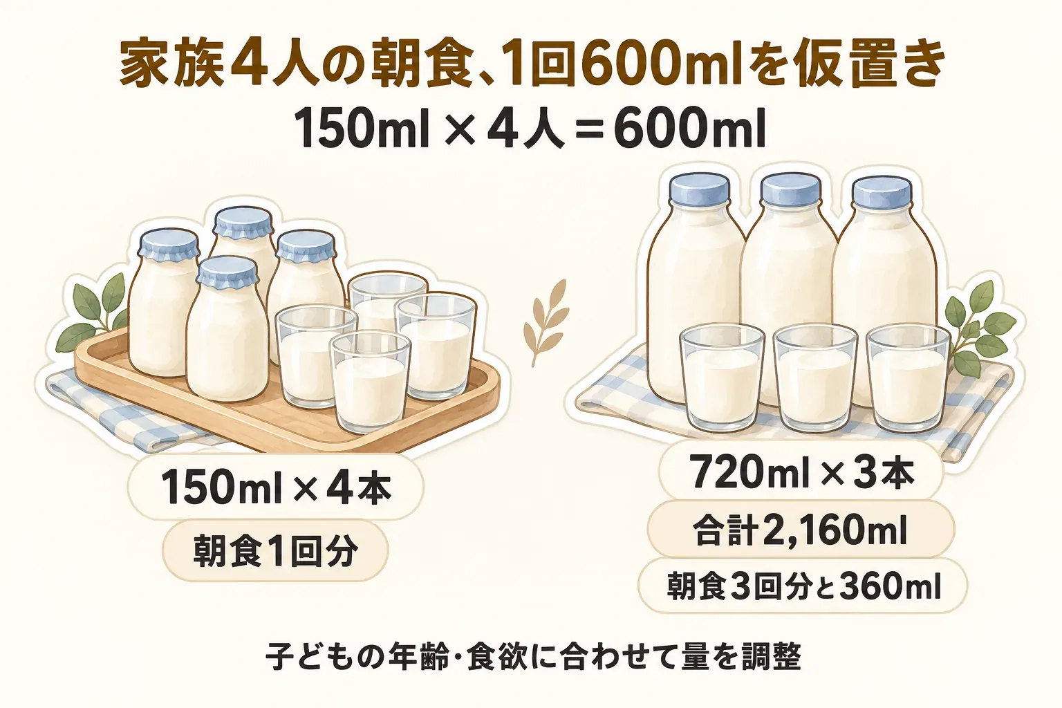 家族4人の朝食を1回600mlと仮置きする図。150ml×4本は朝食1回分、720ml×3本の合計2,160mlは朝食3回分と360mlであり、子どもの年齢・食欲に合わせて量を調整すると示している