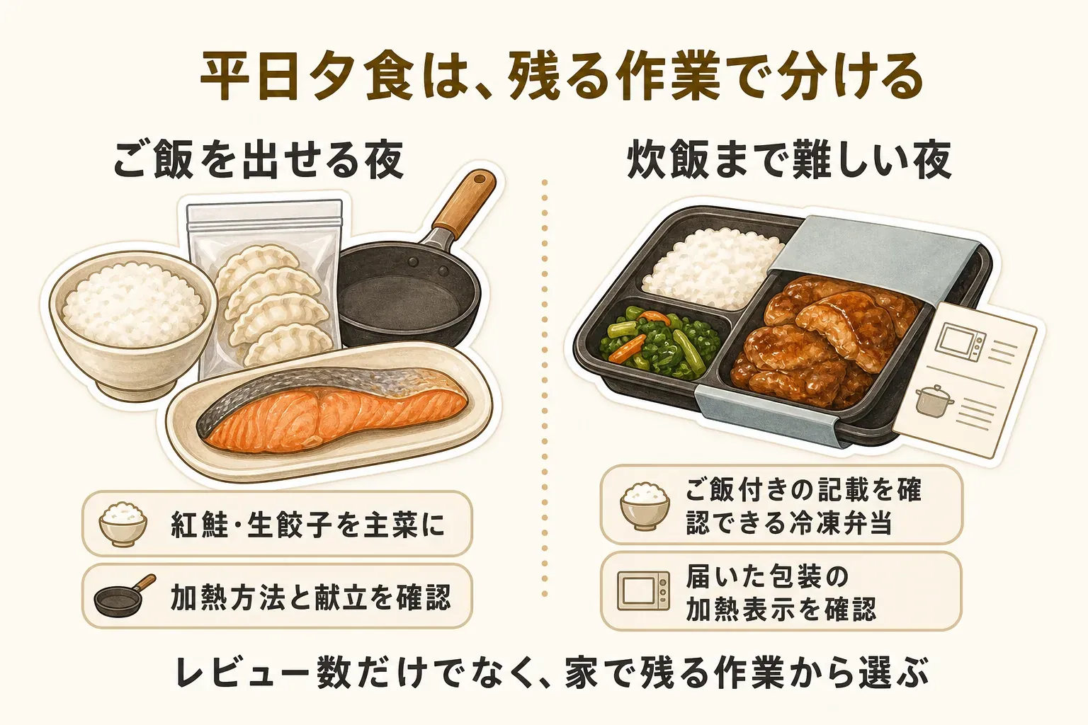 平日夕食を残る作業で分ける図。ご飯を出せる夜は紅鮭・生餃子を主菜にして加熱方法と献立を確認し、炊飯まで難しい夜はご飯付きと記載された冷凍弁当を選び、届いた包装の加熱表示を確認する流れ