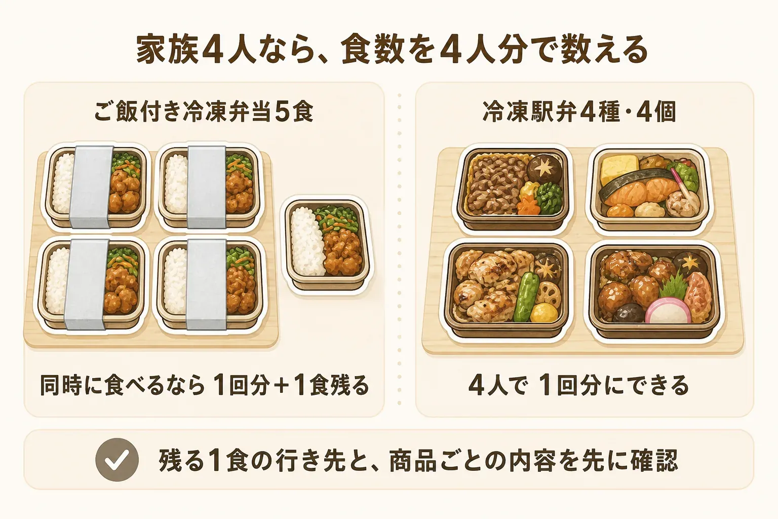 家族4人で冷凍弁当の食数を数える図。ご飯付き冷凍弁当5食は同時に食べると1回分と1食が残り、冷凍駅弁4種・4個は4人で1回分にできることを示し、残る1食の行き先と商品ごとの内容を確認するよう案内している