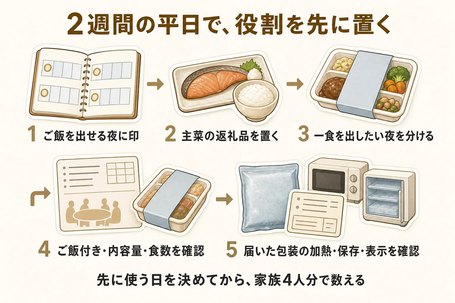 2週間の平日で主菜の返礼品と冷凍弁当の役割を置き分ける5手順の図。ご飯を出せる夜に印を付けて主菜を置き、一食を出したい夜を分け、ご飯付き・内容量・食数と届いた包装の加熱・保存表示を確認する流れ