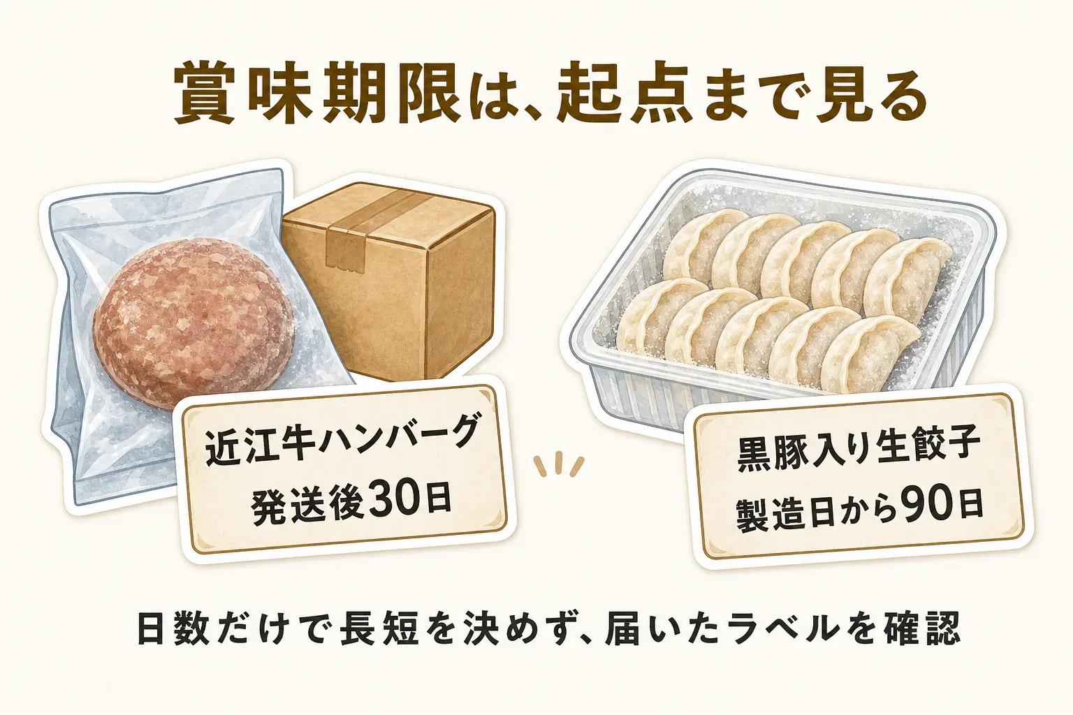 冷凍ハンバーグと生餃子の賞味期限の起点を比べる図。近江牛ハンバーグは発送後30日、黒豚入り生餃子は製造日から90日で、到着日を基準にせず、商品ページと届いたラベルで起点と期限を確認して夕食の回数を見積もることを示している
