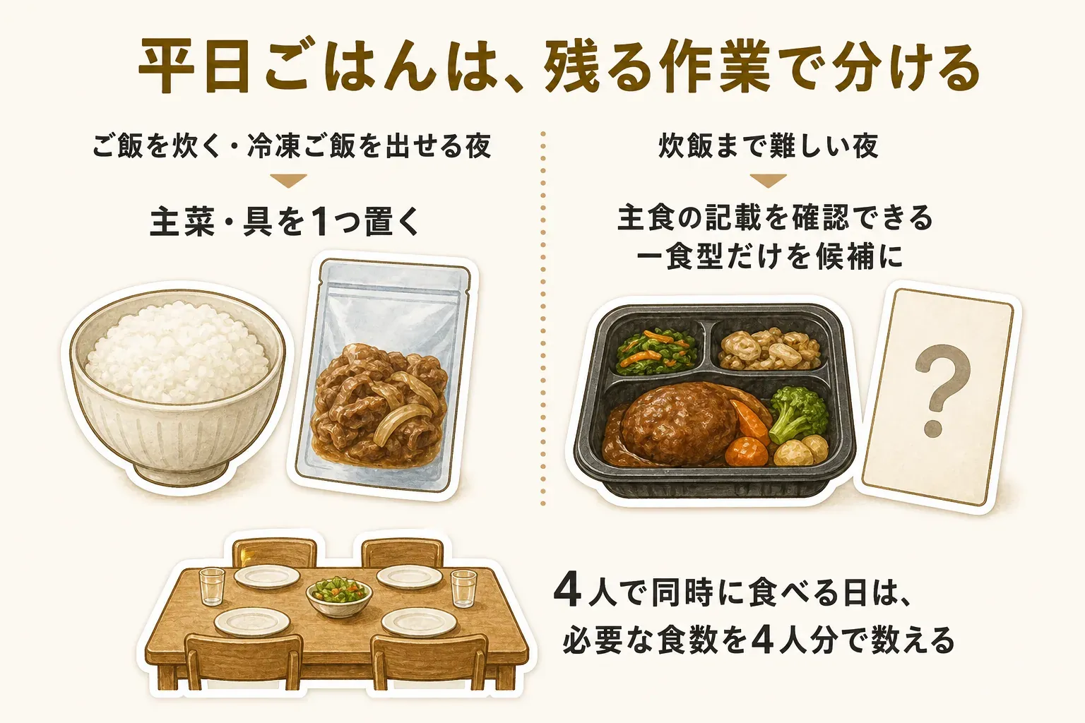 平日ごはんを残る作業で分ける図。ご飯を炊く・冷凍ご飯を出せる夜は主菜・具を1つ置き、炊飯まで難しい夜は主食の記載を確認できる一食型だけを候補にする。家族4人で同時に食べる日は必要な食数を4人分で数える