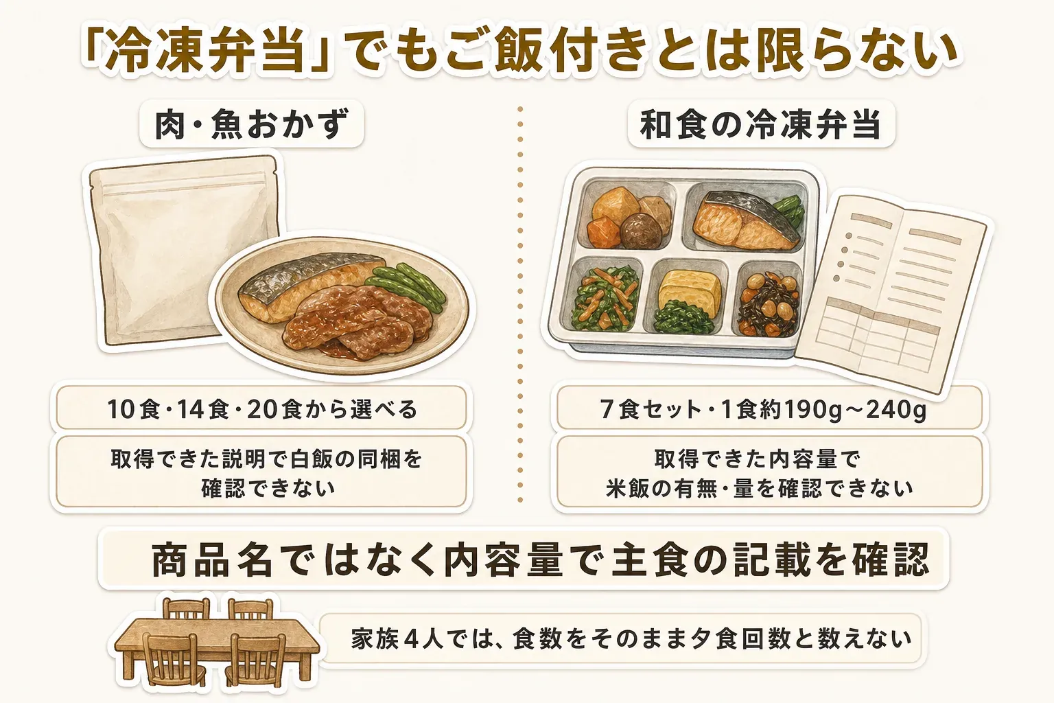 「冷凍弁当」でもご飯付きとは限らないことを示す図。肉・魚おかずは10食・14食・20食から選べるが、取得できた説明で白飯の同梱を確認できず、和食の冷凍弁当は7食セット・1食約190gから240gだが、取得できた内容量で米飯の有無・量を確認できない。商品名ではなく内容量で主食の記載を確認し、家族4人では食数をそのまま夕食回数と数えない