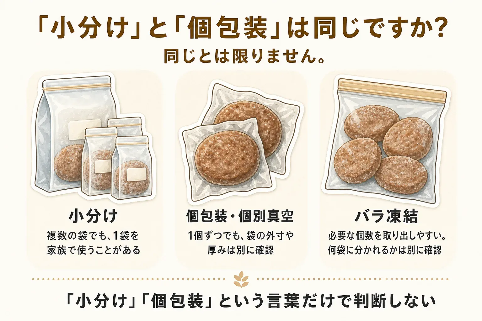 小分けは全体を複数袋に分けた状態、個包装・個別真空は1個ずつ包装された状態、バラ凍結は必要な個数を取り出しやすい状態を指し、それぞれで1袋・1個の量、袋数、外寸や厚みを確認する必要があることを示した図