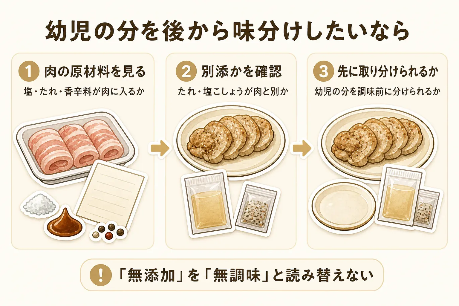 幼児の分を後から味分けしたいときの確認手順を示す図。肉の原材料で塩・たれ・香辛料の有無を見て、たれ・塩こしょうが肉と別添かを確認し、幼児の分を調味前に取り分けられるかを確かめる。無添加を無調味と読み替えないよう注意を添えている