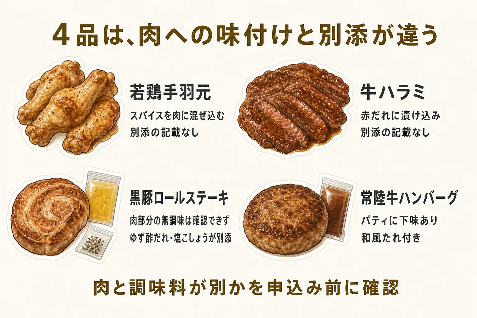 肉への味付けと別添調味料の違いを4品で比較した図。若鶏手羽元はスパイスを肉に混ぜ込み、牛ハラミは赤だれに漬け込み、いずれも別添の記載なし。黒豚ロールステーキは肉部分が無調味か確認できず、ゆず酢だれ・塩こしょうが別添。常陸牛ハンバーグはパティに下味があり、和風たれ付き