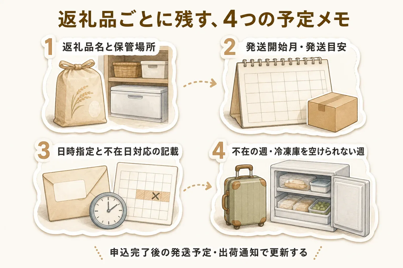 返礼品ごとに残す予定メモとして、返礼品名と保管場所、発送開始月・発送目安、配送日時指定と不在日対応の記載、不在の週・冷凍庫を空けられない週の4項目を示した図。申込完了後は発送予定と出荷通知で更新する
