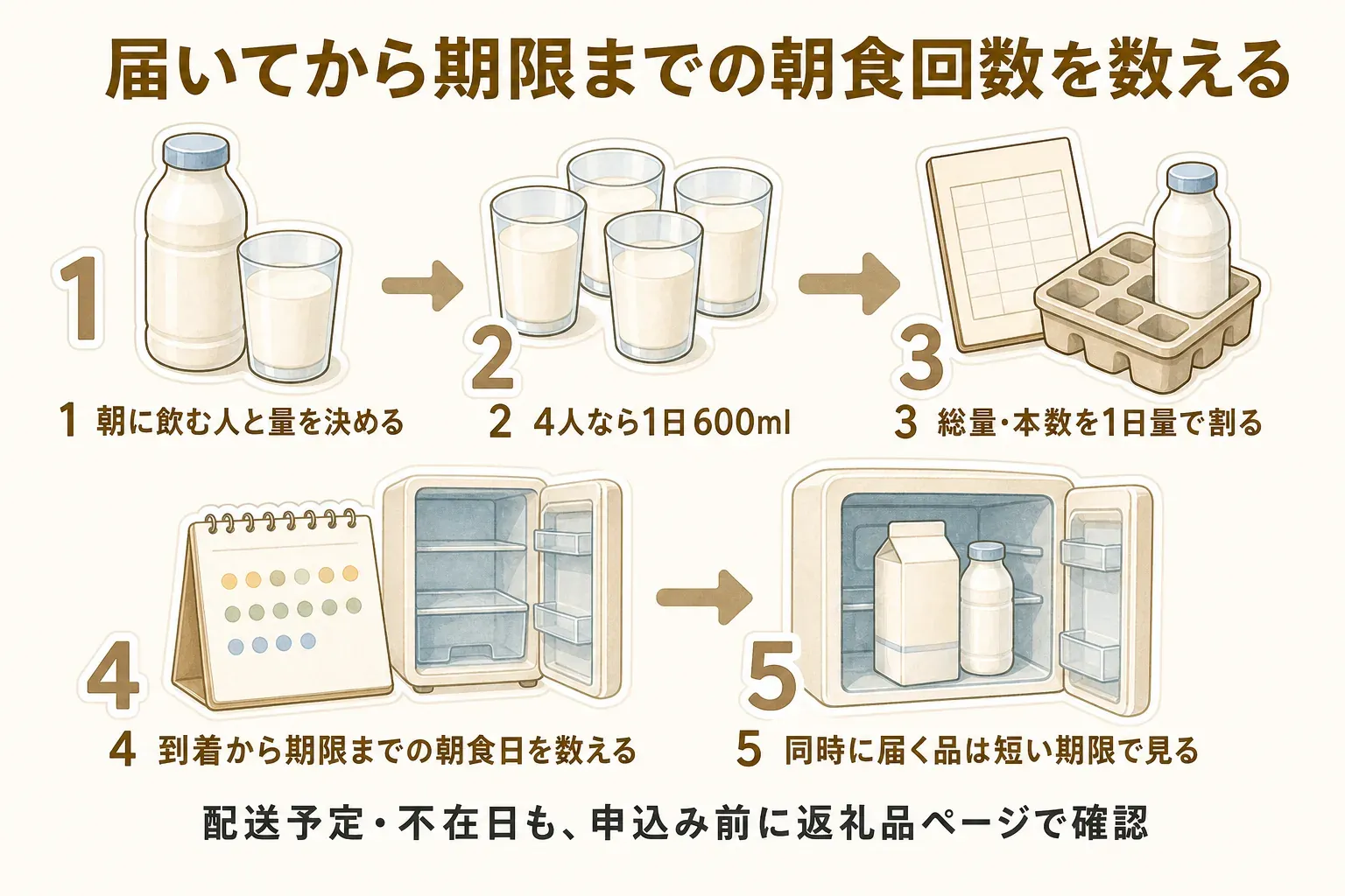 飲むヨーグルト定期便を期限内に飲み切るための5手順を示す図。朝に飲む人と量を決め、4人なら1日600mlを出し、総量・本数を1日量で割り、到着から期限までの朝食日数を数え、同時に届く品は短い期限で確認する流れ。配送予定と不在日も申込み前に返礼品ページで確認すると示している