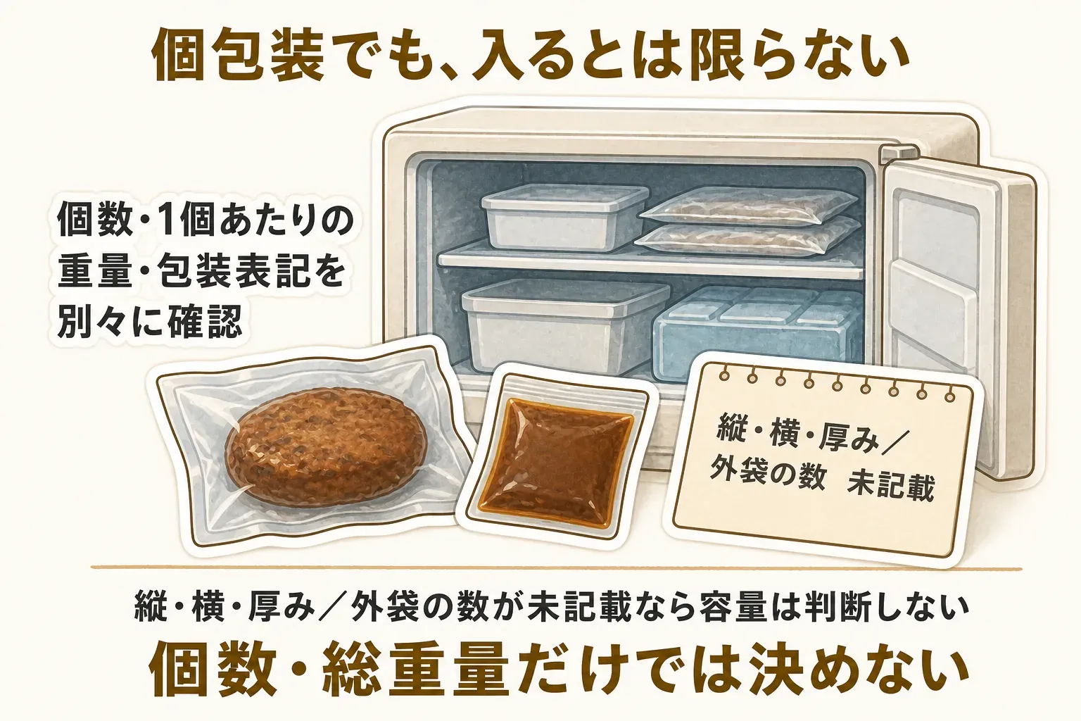 個包装でも冷凍庫に入るとは限らず、個数・1個あたりの重量・包装表記を別々に確認し、個包装の縦・横・厚みや外袋の数が未記載なら容量を判断しないことを示す図