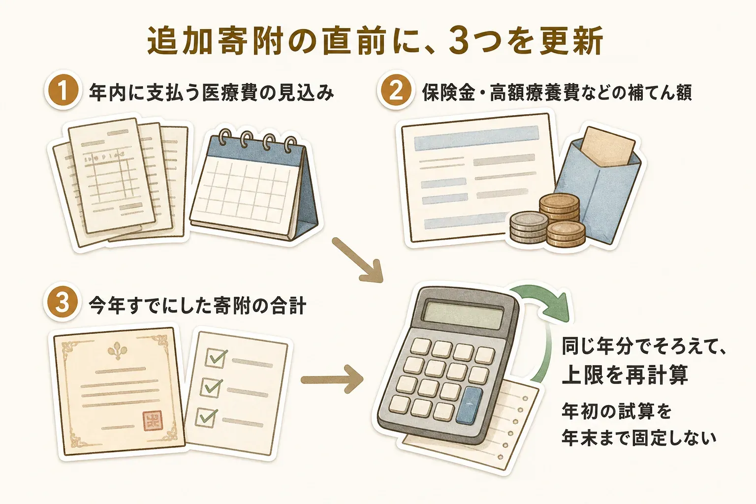 追加寄附の直前に、年内に支払う医療費の見込み、保険金・高額療養費などの補てん額、今年すでにした寄附の合計の3つを同じ年分でそろえ、上限を再計算して年初の試算を固定しない流れを示した図