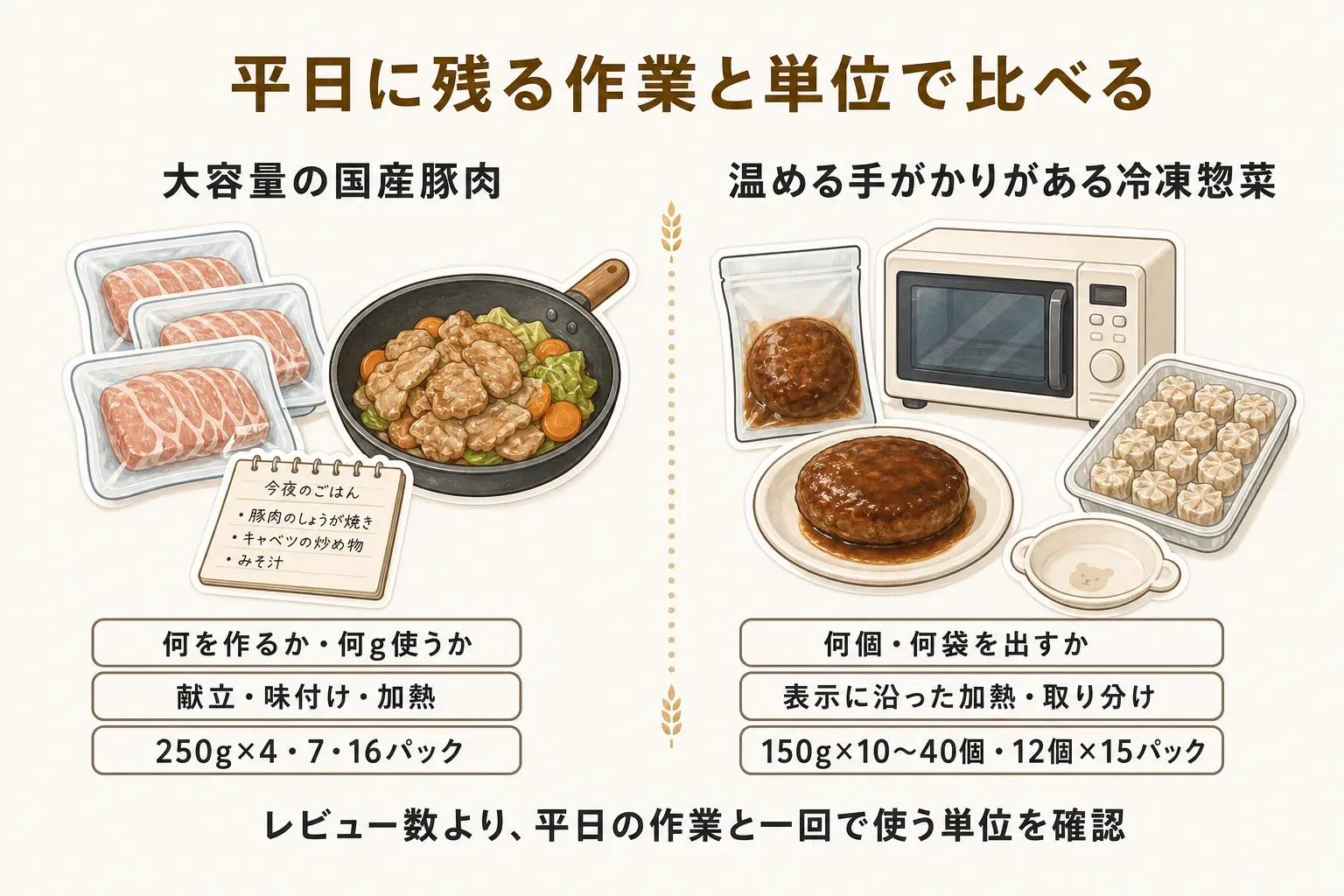大容量の国産豚肉と温める手がかりがある冷凍惣菜を、平日に残る作業と一回で使う単位で比較した図。豚肉は何を作るか・何g使うかを決め、献立・味付け・加熱が残り、250g×4・7・16パックの例を示す。冷凍惣菜は何個・何袋を出すかを決め、表示に沿った加熱・取り分けを行い、150g×10〜40個・12個×15パックの例を示している。レビュー数より平日の作業と単位を確認するよう促している