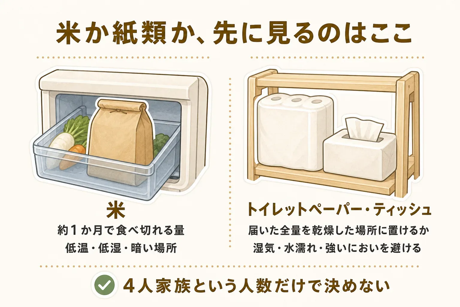 米は約1か月で食べ切れる量を低温・低湿・暗い場所に保管し、トイレットペーパー・ティッシュは届いた全量を湿気・水濡れ・強いにおいを避けた乾燥した場所に置けるかで選ぶこと、4人家族という人数だけで決めないことを示した図