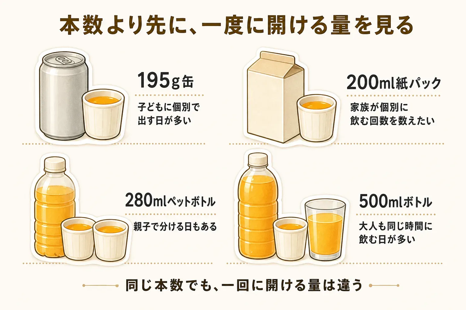 本数より先に一度に開ける量を見ることを示す図。195g缶は子どもに個別で出す日が多い場合、200ml紙パックは家族が個別に飲む回数を数えたい場合、280mlペットボトルは親子で分ける日がある場合、500mlボトルは大人も同じ時間に飲む日が多い場合の容器として並べ、同じ本数でも一回に開ける量は違うことを示している