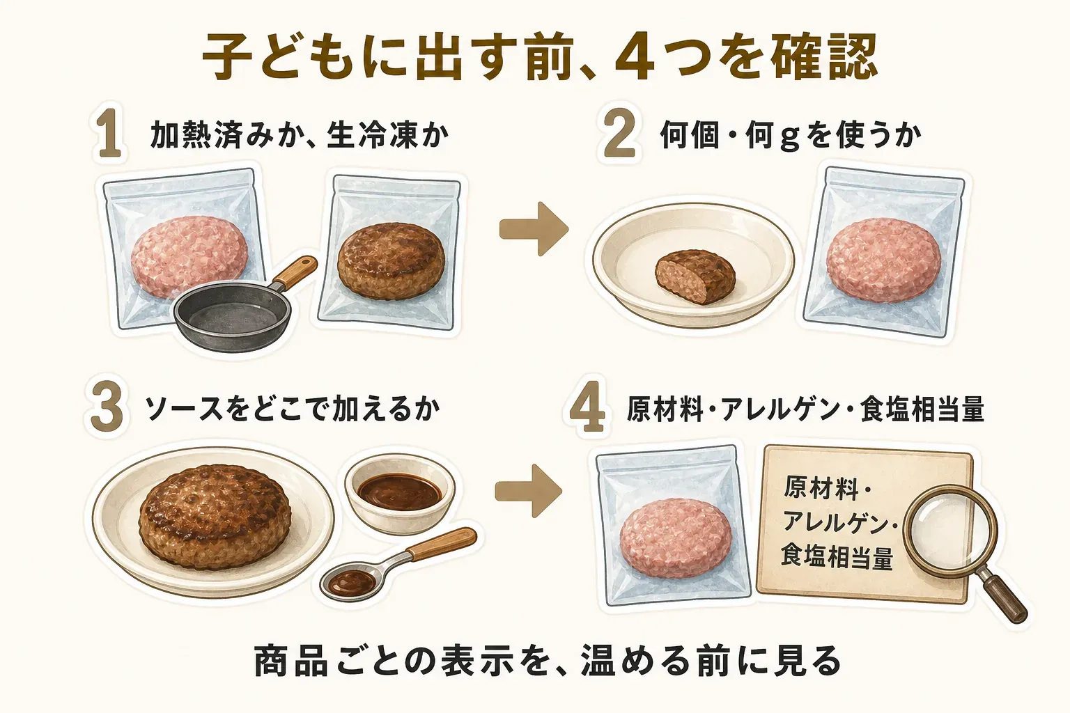 子どもに冷凍ハンバーグや餃子を出す前の4項目を示す図。加熱済みか生冷凍か、何個・何gを使うか、ソースをどこで加えるか、原材料・アレルゲン・食塩相当量を、商品ごとの表示で温める前に確認する流れ