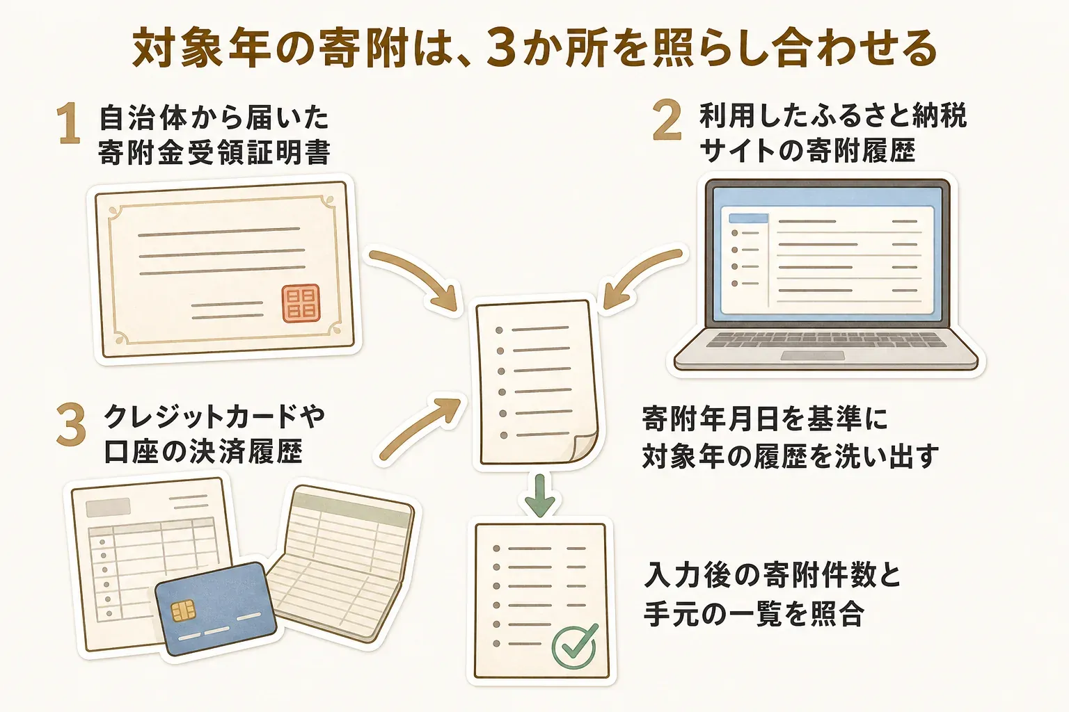 ふるさと納税の申告漏れを防ぐため、自治体の寄附金受領証明書、ふるさと納税サイトの寄附履歴、クレジットカードや口座の決済履歴の3か所を、対象年・寄附日・自治体名・金額で照らし合わせる手順を示す図