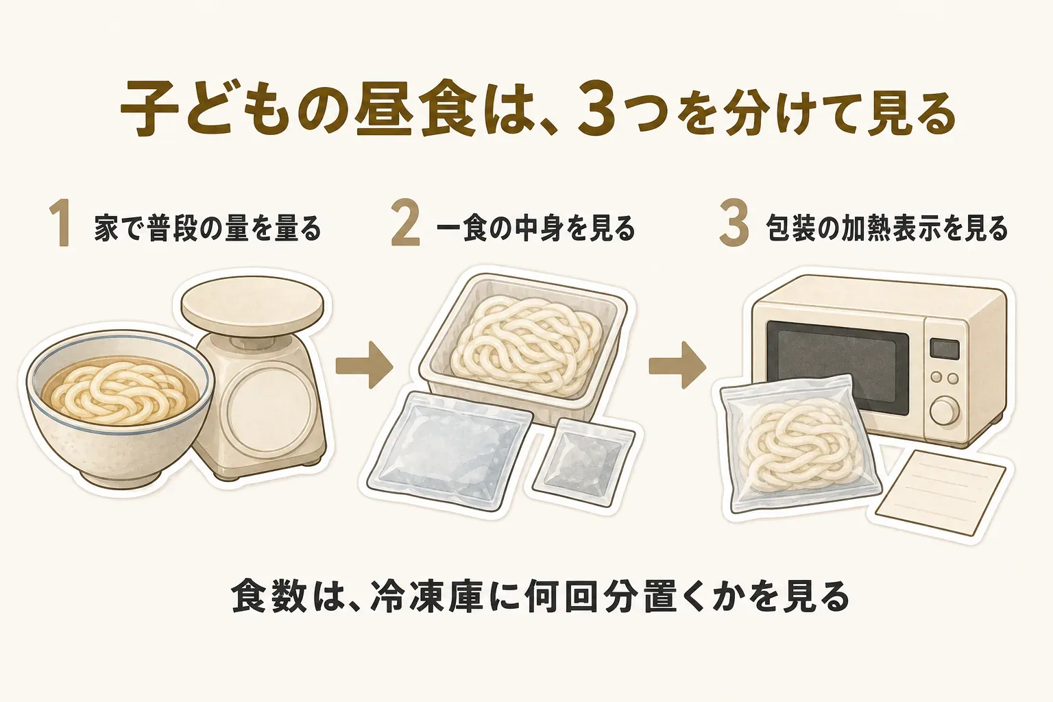 子どもの昼食用の冷凍うどんを確認する順番を示す図。1は家で普段食べるうどんの量を量る、2は一食に麺・つゆ・具が何が入るかを見る、3は包装の加熱表示を見る。食数は冷凍庫に何回分置くかの目安として分けて考える